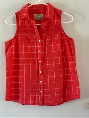 Old Ranch coral white plaid sleeveless button front blouse Size Small